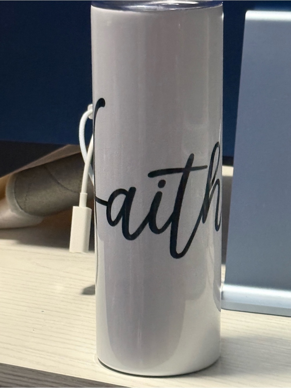 White Ceramic Tumbler with 'Faith' Script